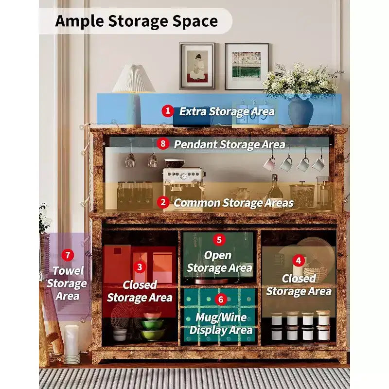 Meuble de Bar/Café de 140 cm avec Lumières LED et Prise Électrique, Porte Coulissante Type Grange, Porte-Verres à Vin et Rangement pour Salle à Manger