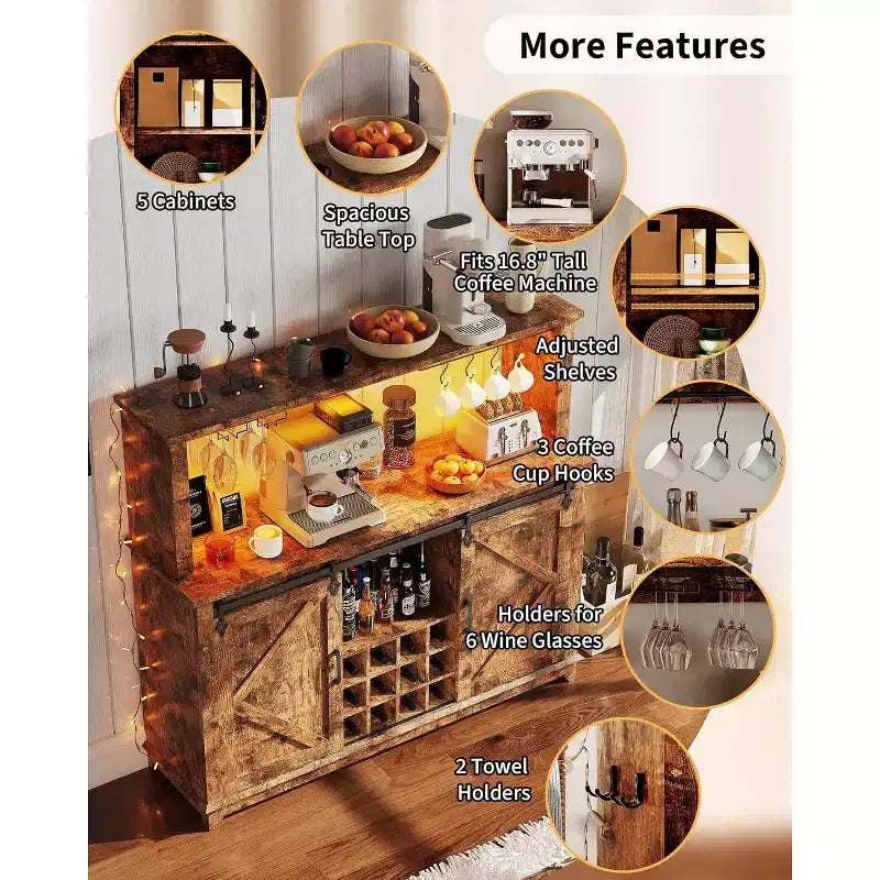 Meuble de Bar/Café de 140 cm avec Lumières LED et Prise Électrique, Porte Coulissante Type Grange, Porte-Verres à Vin et Rangement pour Salle à Manger