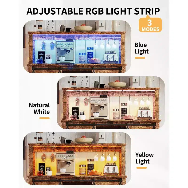 Meuble de Bar/Café de 140 cm avec Lumières LED et Prise Électrique, Porte Coulissante Type Grange, Porte-Verres à Vin et Rangement pour Salle à Manger