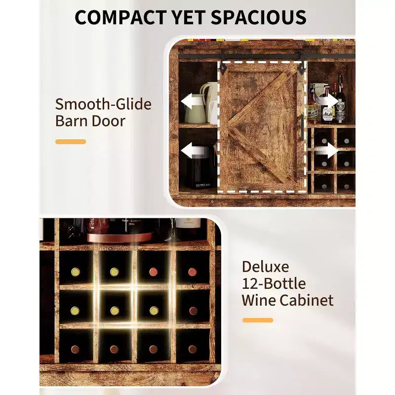 Meuble de Bar/Café de 140 cm avec Lumières LED et Prise Électrique, Porte Coulissante Type Grange, Porte-Verres à Vin et Rangement pour Salle à Manger