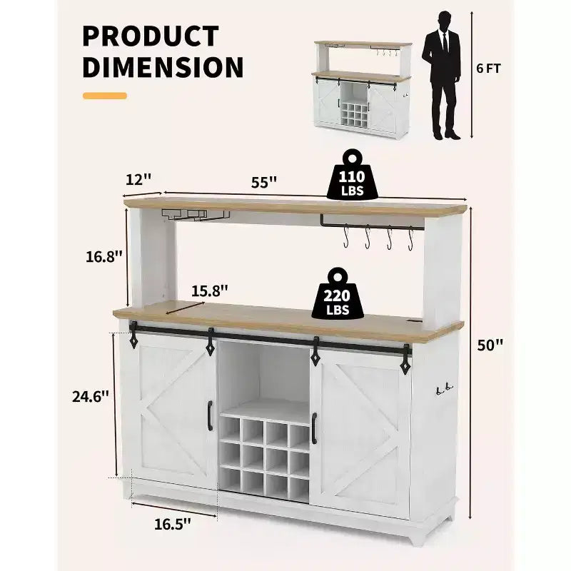 Meuble de Bar/Café de 140 cm avec Lumières LED et Prise Électrique, Porte Coulissante Type Grange, Porte-Verres à Vin et Rangement pour Salle à Manger