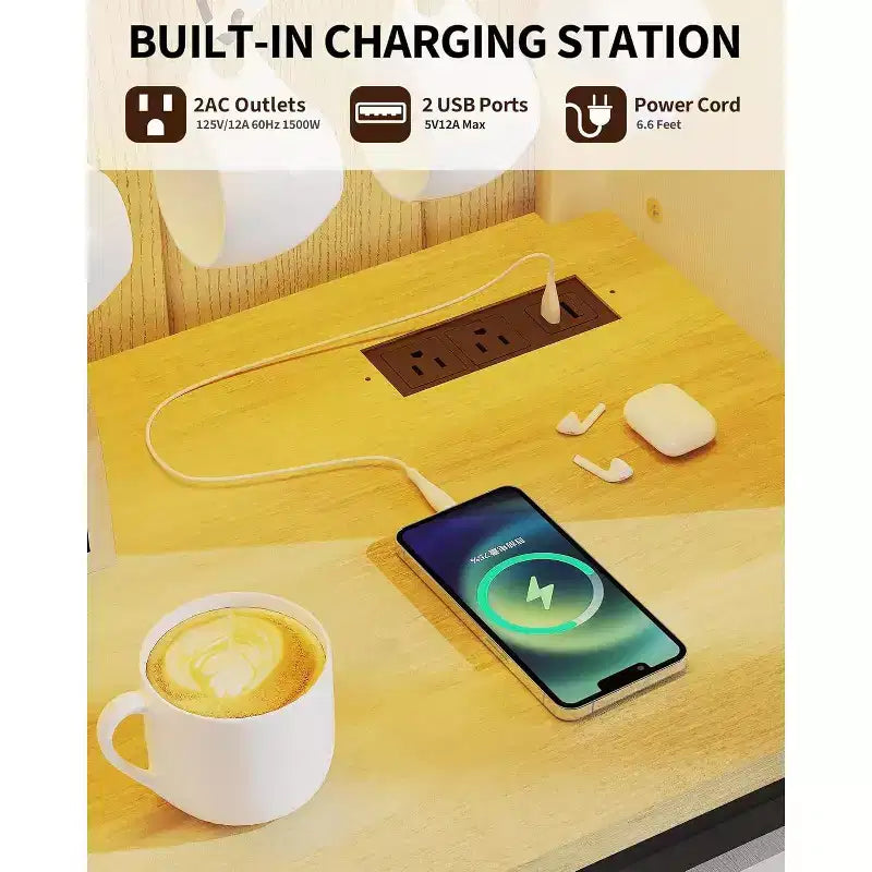 Meuble de Bar/Café de 140 cm avec Lumières LED et Prise Électrique, Porte Coulissante Type Grange, Porte-Verres à Vin et Rangement pour Salle à Manger