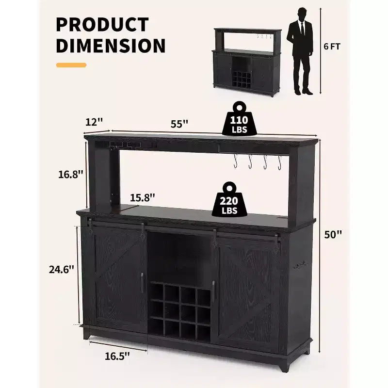Meuble de Bar/Café de 140 cm avec Lumières LED et Prise Électrique, Porte Coulissante Type Grange, Porte-Verres à Vin et Rangement pour Salle à Manger