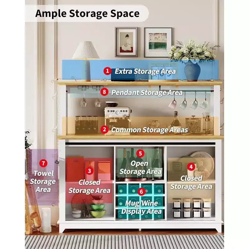 Meuble de Bar/Café de 140 cm avec Lumières LED et Prise Électrique, Porte Coulissante Type Grange, Porte-Verres à Vin et Rangement pour Salle à Manger