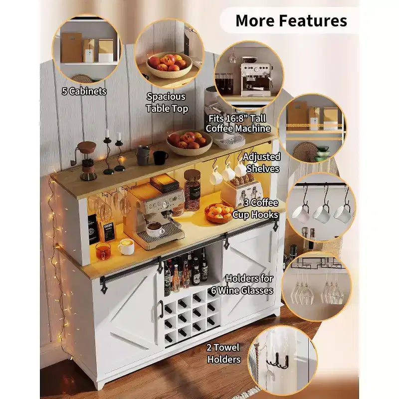 Meuble de Bar/Café de 140 cm avec Lumières LED et Prise Électrique, Porte Coulissante Type Grange, Porte-Verres à Vin et Rangement pour Salle à Manger