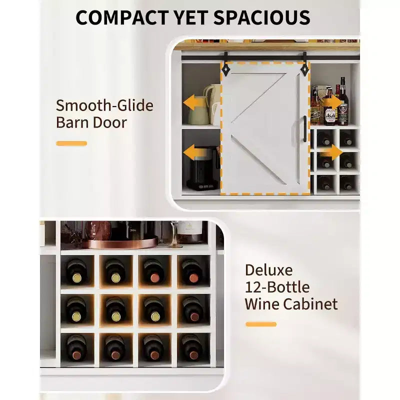 Meuble de Bar/Café de 140 cm avec Lumières LED et Prise Électrique, Porte Coulissante Type Grange, Porte-Verres à Vin et Rangement pour Salle à Manger