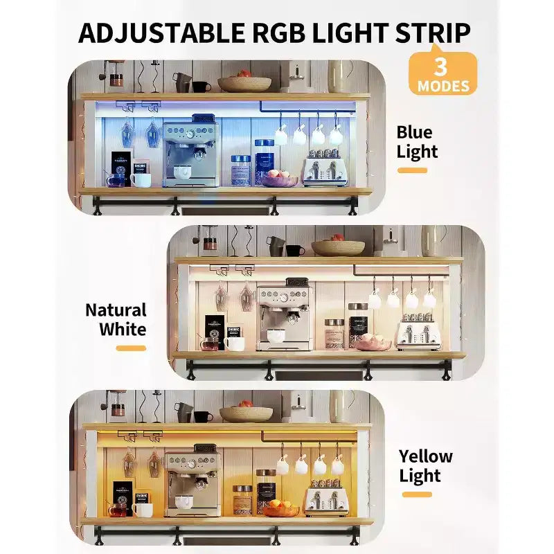 Meuble de Bar/Café de 140 cm avec Lumières LED et Prise Électrique, Porte Coulissante Type Grange, Porte-Verres à Vin et Rangement pour Salle à Manger