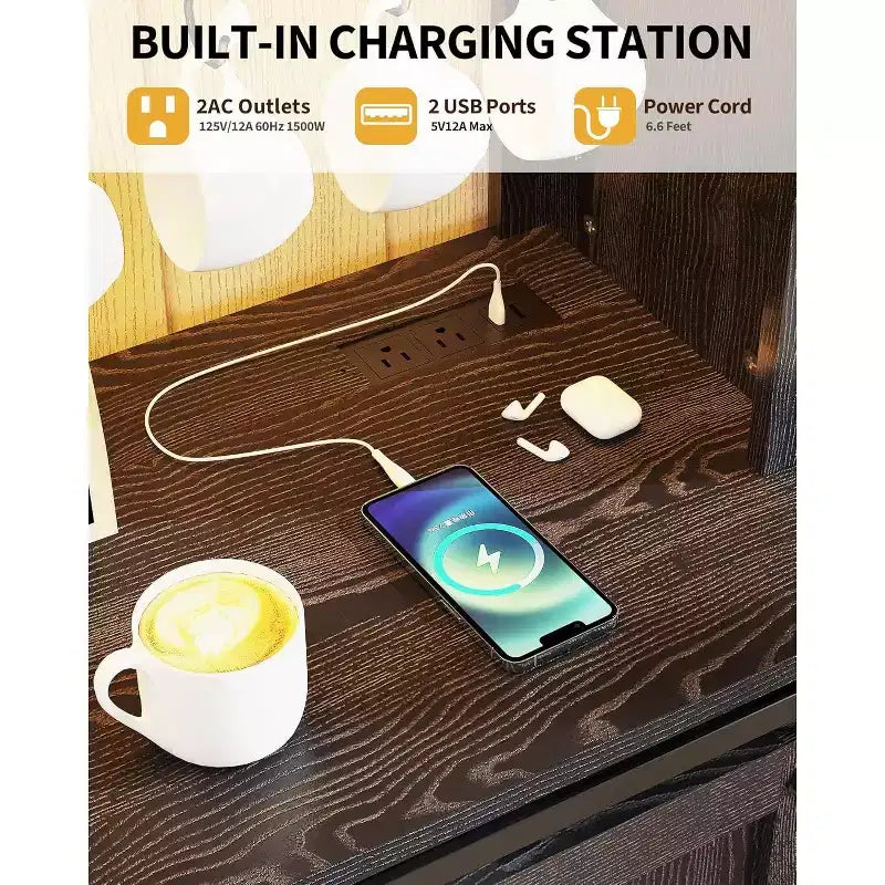 Meuble de Bar/Café de 140 cm avec Lumières LED et Prise Électrique, Porte Coulissante Type Grange, Porte-Verres à Vin et Rangement pour Salle à Manger