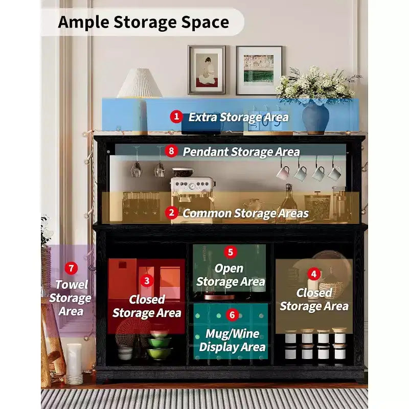Meuble de Bar/Café de 140 cm avec Lumières LED et Prise Électrique, Porte Coulissante Type Grange, Porte-Verres à Vin et Rangement pour Salle à Manger