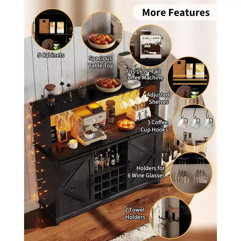 Meuble de Bar/Café de 140 cm avec Lumières LED et Prise Électrique, Porte Coulissante Type Grange, Porte-Verres à Vin et Rangement pour Salle à Manger