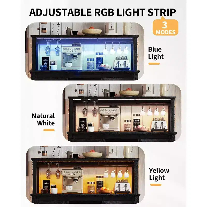 Meuble de Bar/Café de 140 cm avec Lumières LED et Prise Électrique, Porte Coulissante Type Grange, Porte-Verres à Vin et Rangement pour Salle à Manger