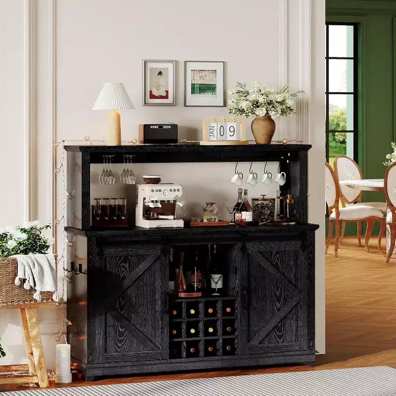 55 Coffee Bar Cabinet with LED Lights &amp; Power Outlet, Barn Door, Wine Glass Rack &amp; Storage for Dining Room