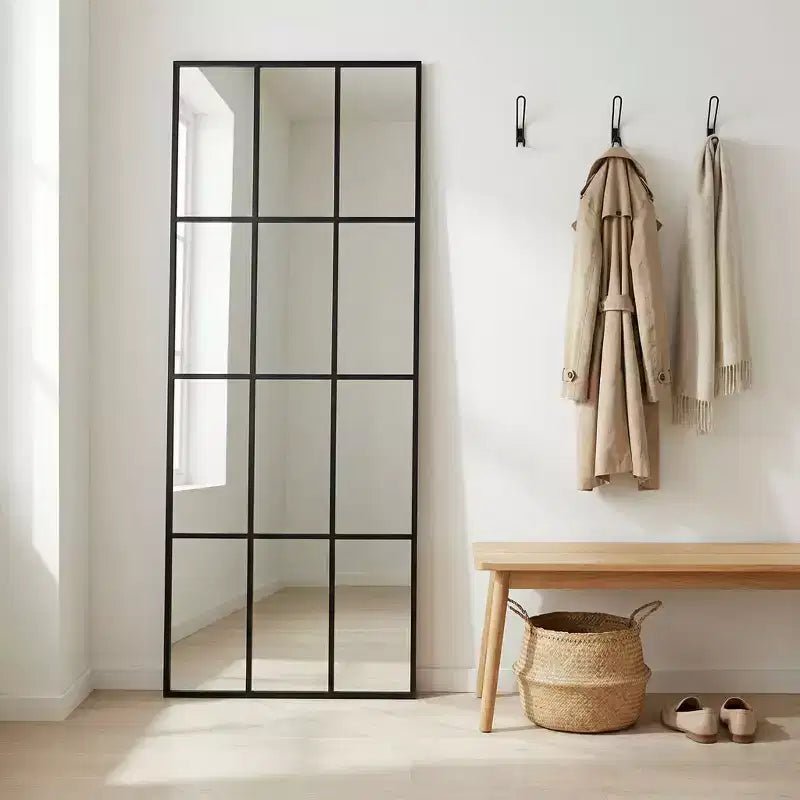 Likepay Full-Length Black Metal Windowpane Floor Mirror with Modern Grid Design