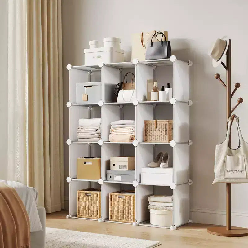 Organiseur de rangement 12 cubes en PVC, meuble multifonctionnel et modulable pour bureau à domicile, blanc