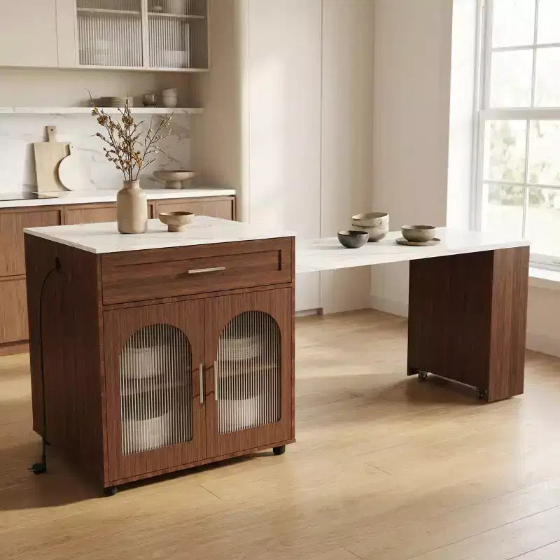 80-Inch Mobile Kitchen Island  Expandable Marble-Grain Countertop with Cabinet, Drawers &amp; Dining Space, Walnut Finish for Kitchen Prep &amp; Dining