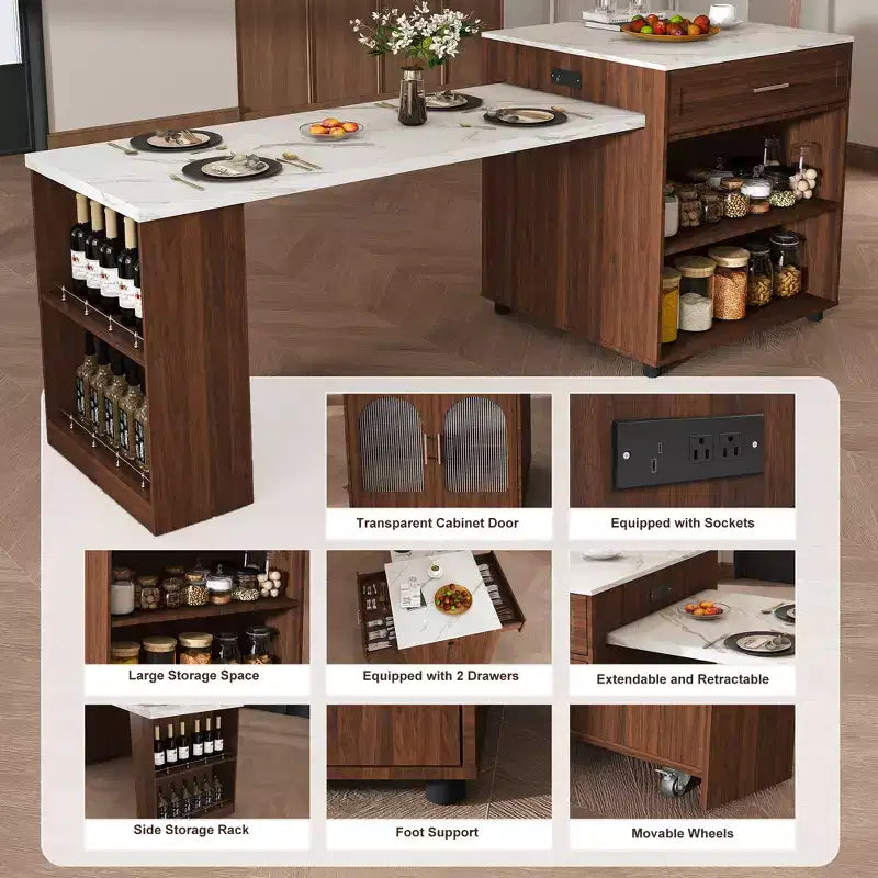 Îlot de cuisine mobile de 203 cm avec plan de travail extensible effet marbre, armoire, tiroirs et espace repas, finition noyer pour préparation culinaire et dîner