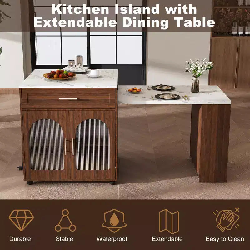 Îlot de cuisine mobile de 203 cm avec plan de travail extensible effet marbre, armoire, tiroirs et espace repas, finition noyer pour préparation culinaire et dîner