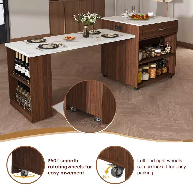 Îlot de cuisine mobile de 203 cm avec plan de travail extensible effet marbre, armoire, tiroirs et espace repas, finition noyer pour préparation culinaire et dîner