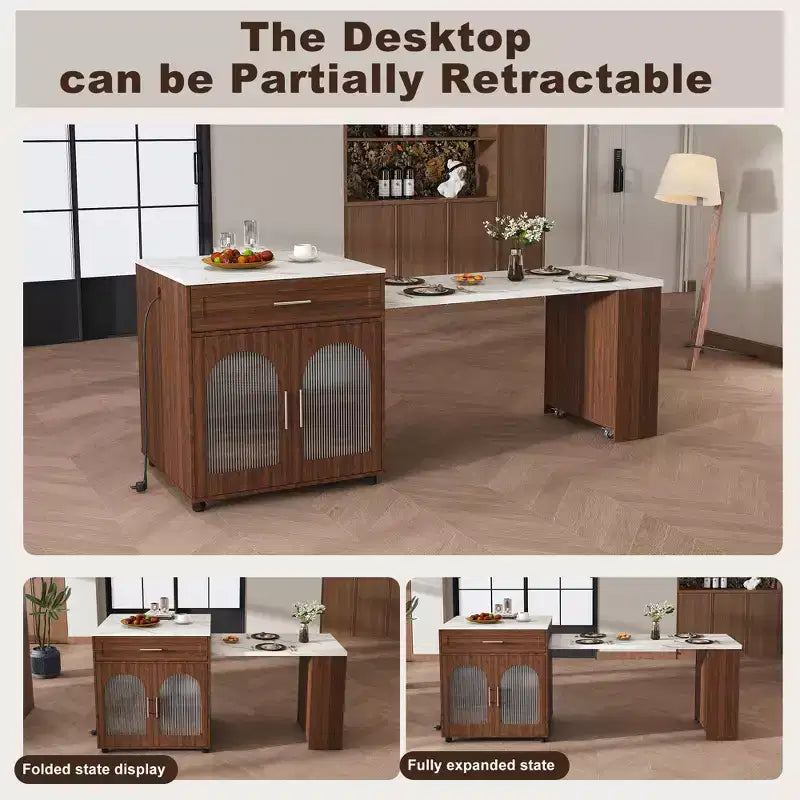 Îlot de cuisine mobile de 203 cm avec plan de travail extensible effet marbre, armoire, tiroirs et espace repas, finition noyer pour préparation culinaire et dîner