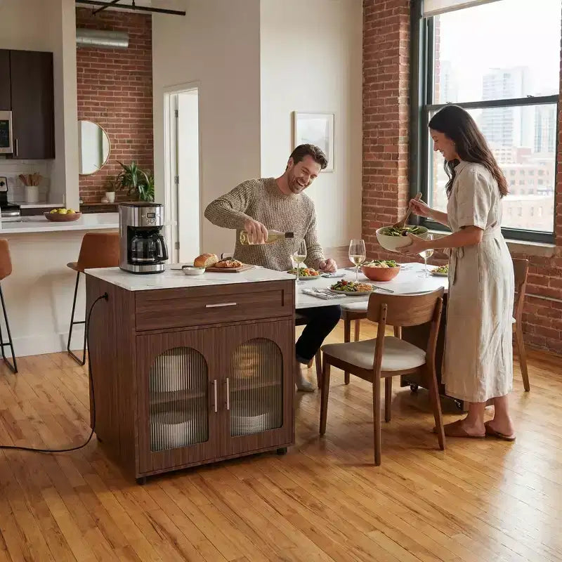 Îlot de cuisine mobile de 203 cm avec plan de travail extensible effet marbre, armoire, tiroirs et espace repas, finition noyer pour préparation culinaire et dîner