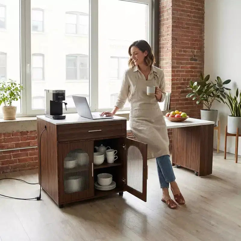 Îlot de cuisine mobile de 203 cm avec plan de travail extensible effet marbre, armoire, tiroirs et espace repas, finition noyer pour préparation culinaire et dîner