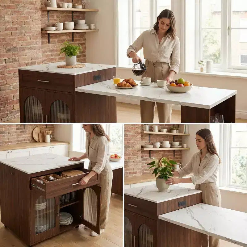 Îlot de cuisine mobile de 203 cm avec plan de travail extensible effet marbre, armoire, tiroirs et espace repas, finition noyer pour préparation culinaire et dîner