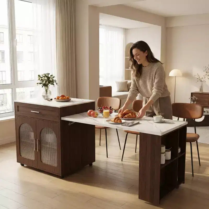 Îlot de cuisine mobile de 203 cm avec plan de travail extensible effet marbre, armoire, tiroirs et espace repas, finition noyer pour préparation culinaire et dîner