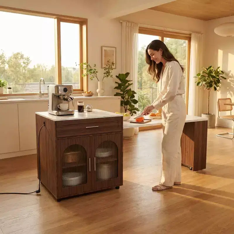 Îlot de cuisine mobile de 203 cm avec plan de travail extensible effet marbre, armoire, tiroirs et espace repas, finition noyer pour préparation culinaire et dîner