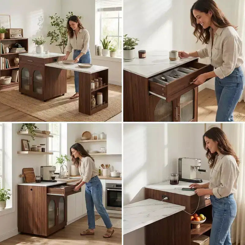 Îlot de cuisine mobile de 203 cm avec plan de travail extensible effet marbre, armoire, tiroirs et espace repas, finition noyer pour préparation culinaire et dîner