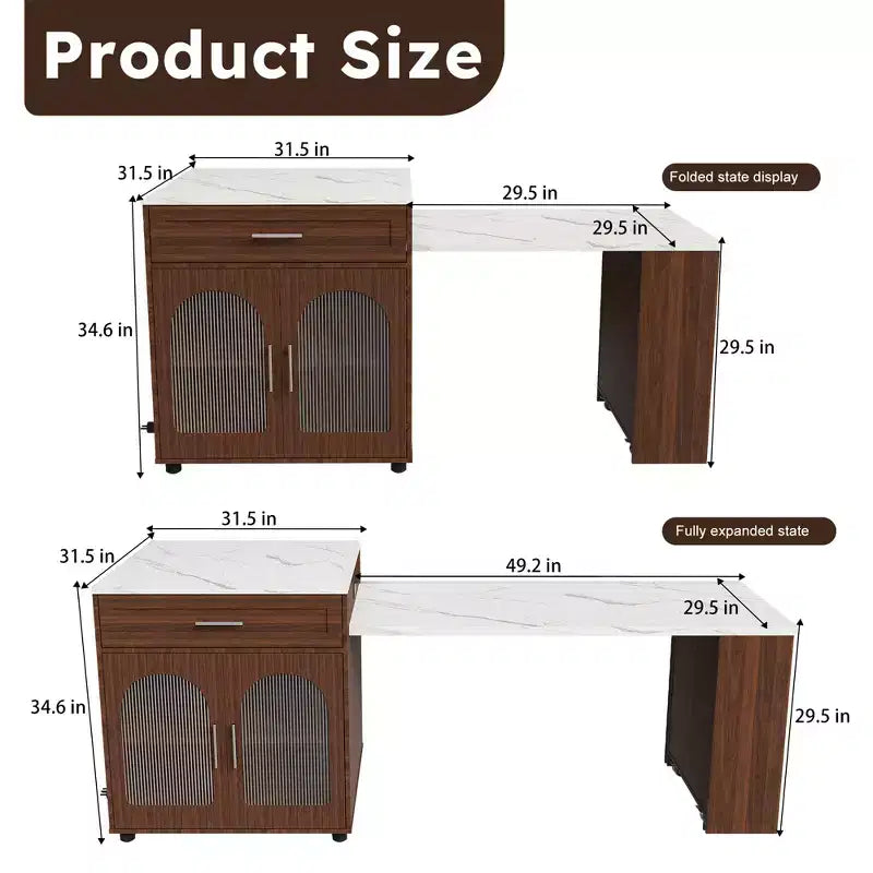 Îlot de cuisine mobile de 203 cm avec plan de travail extensible effet marbre, armoire, tiroirs et espace repas, finition noyer pour préparation culinaire et dîner