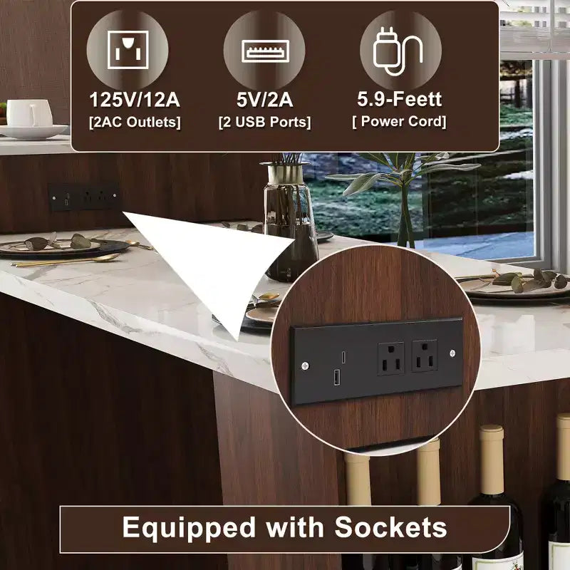 Îlot de cuisine mobile de 203 cm avec plan de travail extensible effet marbre, armoire, tiroirs et espace repas, finition noyer pour préparation culinaire et dîner