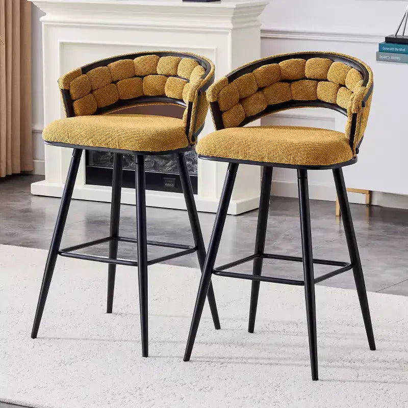 Ensemble de 2 tabourets de bar modernes rembourrés avec dossier incurvé, hauteur d'assise de 73,6 cm, pieds en fer noir pour îlot de cuisine ou bar à la maison