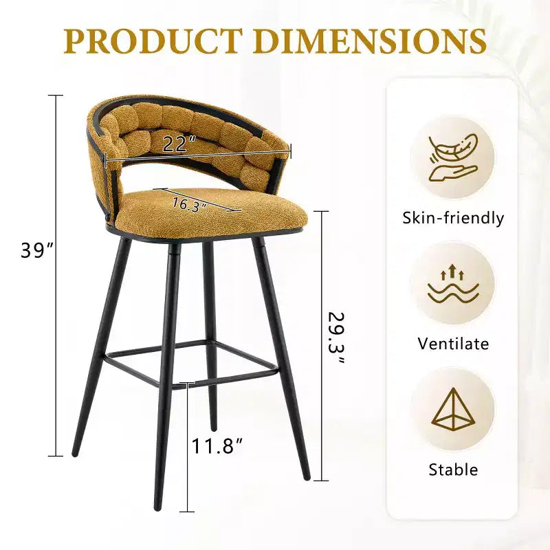 Ensemble de 2 tabourets de bar modernes rembourrés avec dossier incurvé, hauteur d'assise de 73,6 cm, pieds en fer noir pour îlot de cuisine ou bar à la maison