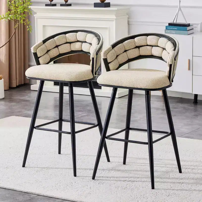 Ensemble de 2 tabourets de bar modernes rembourrés avec dossier incurvé, hauteur d'assise de 73,6 cm, pieds en fer noir pour îlot de cuisine ou bar à la maison