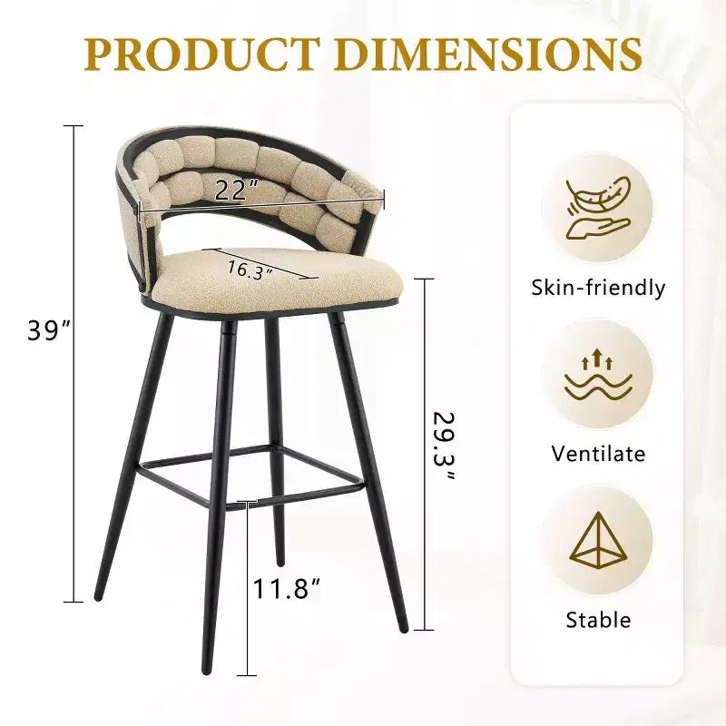 Ensemble de 2 tabourets de bar modernes rembourrés avec dossier incurvé, hauteur d'assise de 73,6 cm, pieds en fer noir pour îlot de cuisine ou bar à la maison