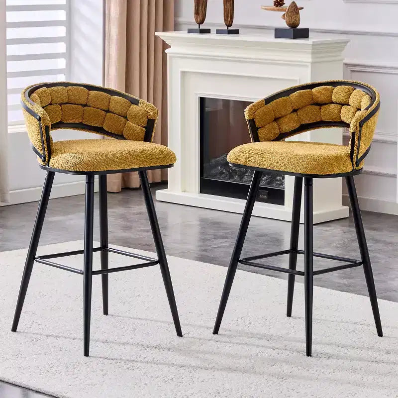 Ensemble de 2 tabourets de bar modernes rembourrés avec dossier incurvé, hauteur d'assise de 73,6 cm, pieds en fer noir pour îlot de cuisine ou bar à la maison