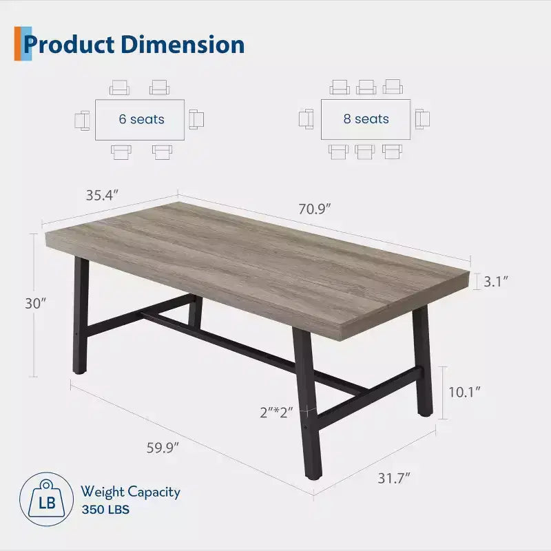 Table de salle à manger industrielle 70,87 po pour 6 à 8 personnes, longue table de cuisine en bois avec cadre métallique robuste et finition noire, sièges 6 comptoir rectangulaire