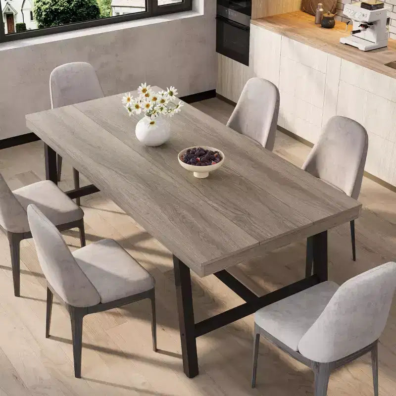 Table de salle à manger industrielle 70,87 po pour 6 à 8 personnes, longue table de cuisine en bois avec cadre métallique robuste et finition noire, sièges 6 comptoir rectangulaire