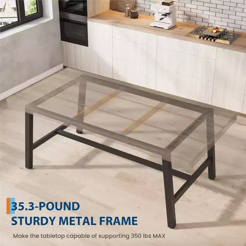 Table de salle à manger industrielle 70,87 po pour 6 à 8 personnes, longue table de cuisine en bois avec cadre métallique robuste et finition noire, sièges 6 comptoir rectangulaire