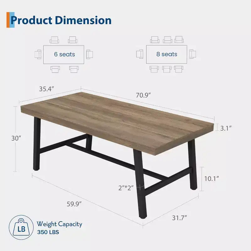 Table de salle à manger industrielle 70,87 po pour 6 à 8 personnes, longue table de cuisine en bois avec cadre métallique robuste et finition noire, sièges 6 comptoir rectangulaire