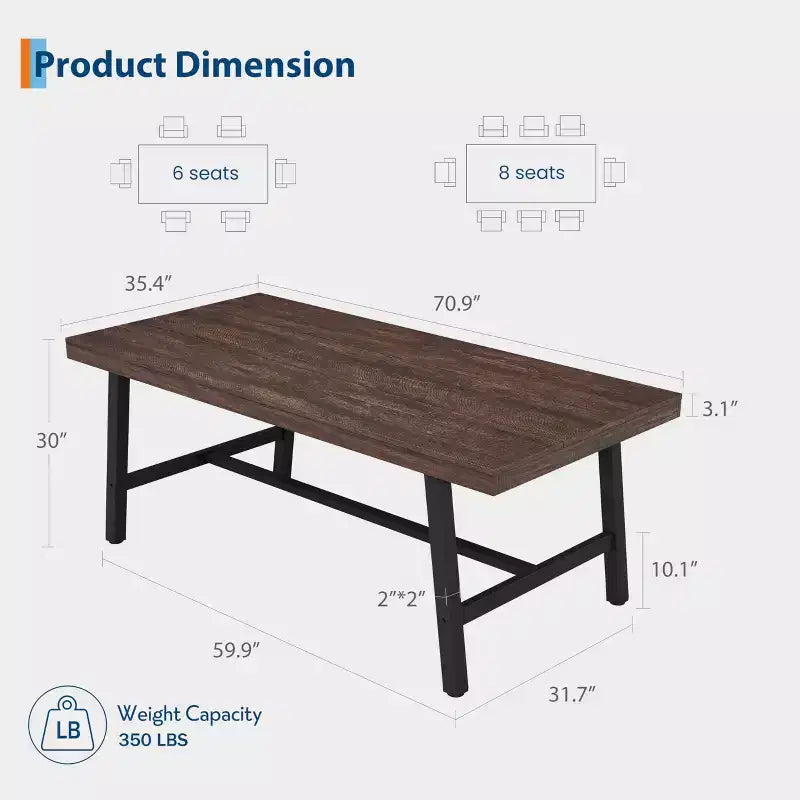 Table de salle à manger industrielle 70,87 po pour 6 à 8 personnes, longue table de cuisine en bois avec cadre métallique robuste et finition noire, sièges 6 comptoir rectangulaire