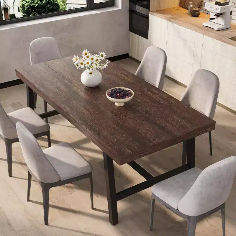 Table de salle à manger industrielle 70,87 po pour 6 à 8 personnes, longue table de cuisine en bois avec cadre métallique robuste et finition noire, sièges 6 comptoir rectangulaire