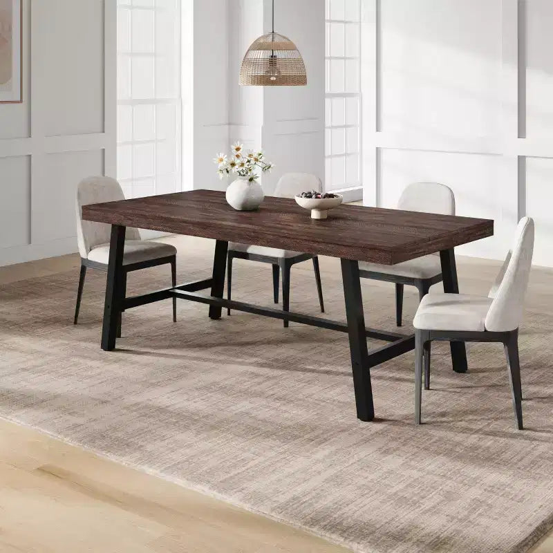 Table de salle à manger industrielle 70,87 po pour 6 à 8 personnes, longue table de cuisine en bois avec cadre métallique robuste et finition noire, sièges 6 comptoir rectangulaire