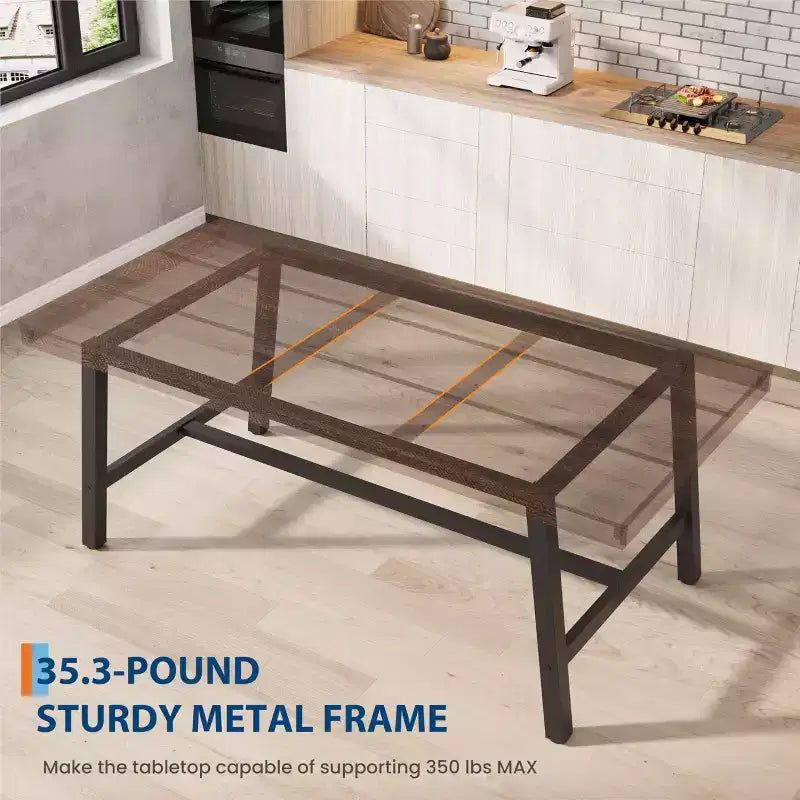 Table de salle à manger industrielle 70,87 po pour 6 à 8 personnes, longue table de cuisine en bois avec cadre métallique robuste et finition noire, sièges 6 comptoir rectangulaire