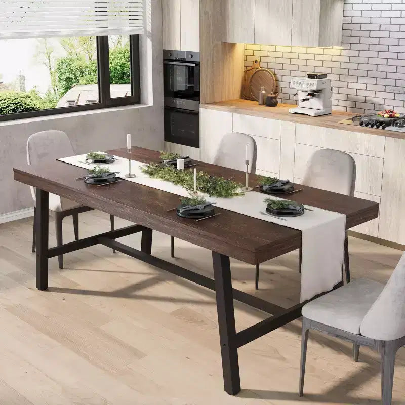70.87 Industrial Dining Table for 6-8 People, Long Wooden Kitchen Table with Sturdy Metal Frame &amp; Black Finish, Seats 6 Rectangular Counter