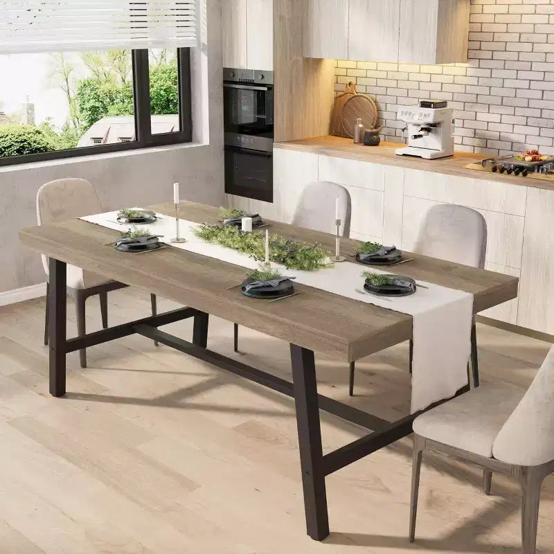 Table de salle à manger industrielle 70,87 po pour 6 à 8 personnes, longue table de cuisine en bois avec cadre métallique robuste et finition noire, sièges 6 comptoir rectangulaire