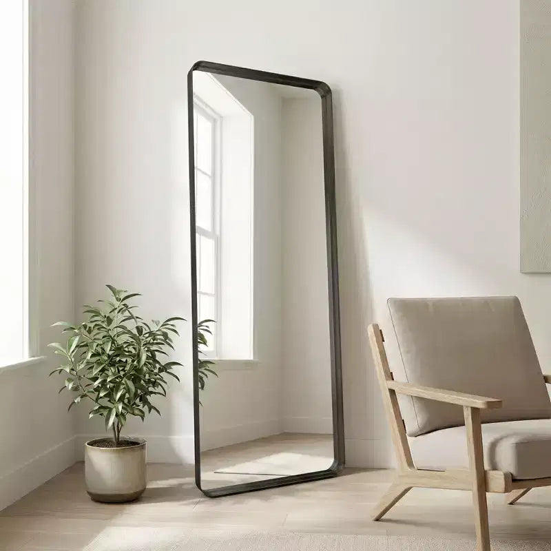 Likepay Full-Length Large Black Metal Floor Mirror with Rounded Corners, Modern Minimalist Design