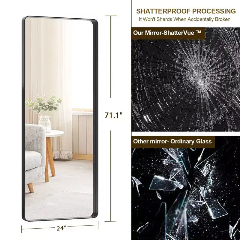 Grand miroir sur pied en métal noir avec coins arrondis, design moderne et minimaliste