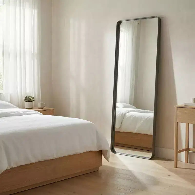 Grand miroir sur pied en métal noir avec coins arrondis, design moderne et minimaliste
