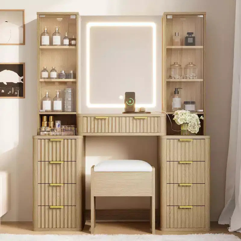 JVNOXK 43.5-inch Modern Vanity Set with Mirror and Light, Featuring Drawers, Clear Glass Cabinet, Includes Stool and Charging Station, Oak